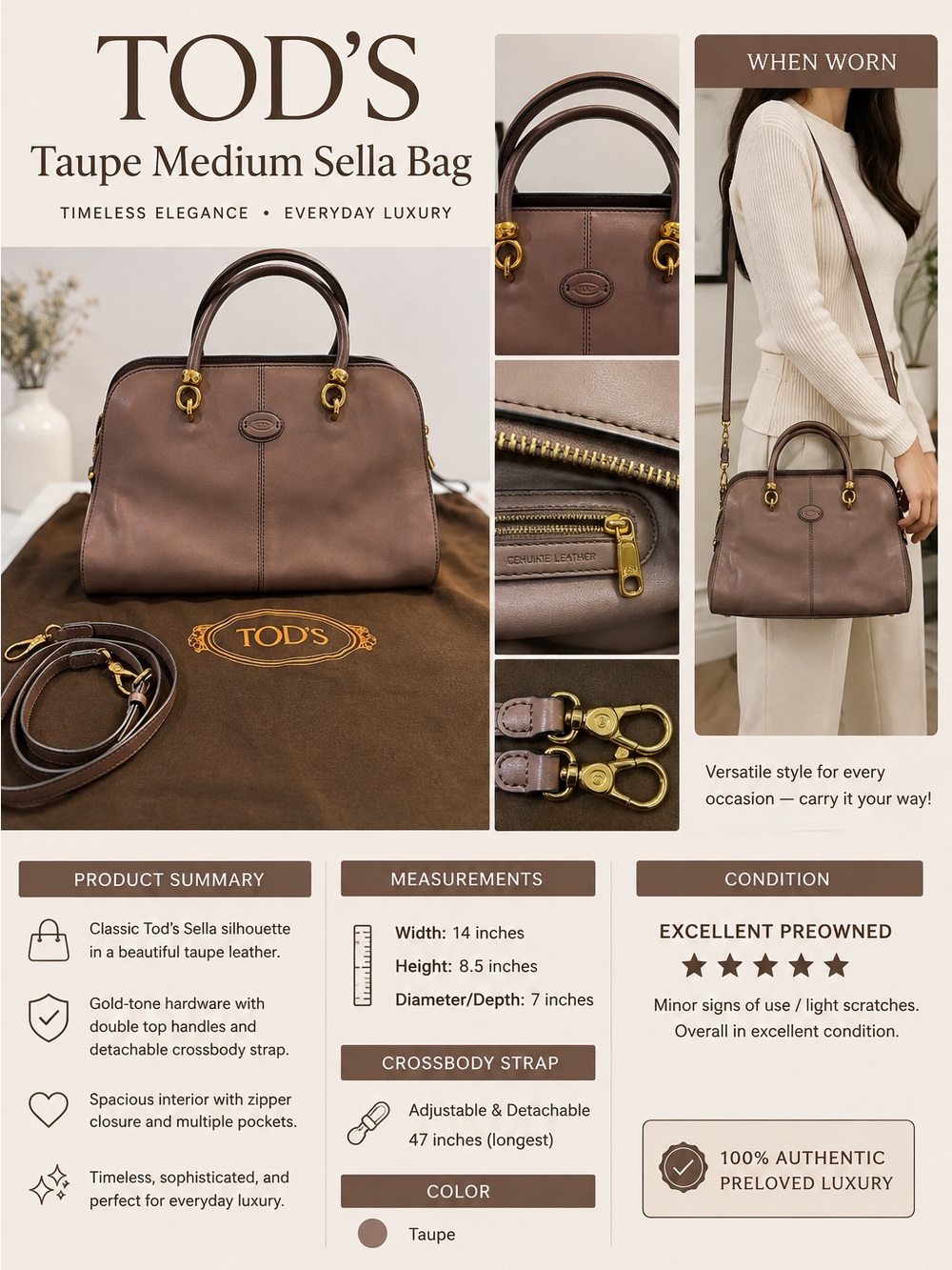 Tod's Taupe Medium Sella Bag